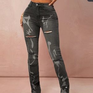 High Waisted Graphic Ripped Jeans